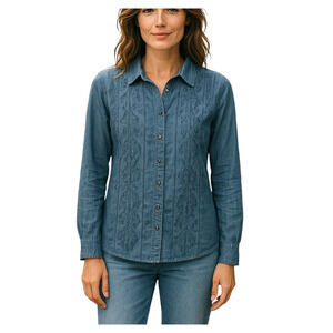 Democracy Blue Dressy Blouse Distressed Smocked Copper Bead Cotton Buttons LS XL